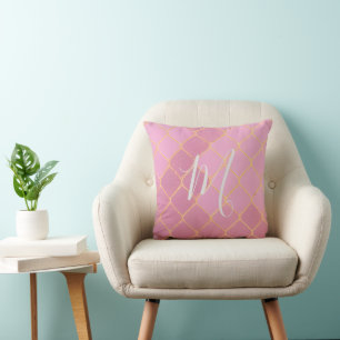 Modern Pink Rose Gold Monogram Throw Pillow
