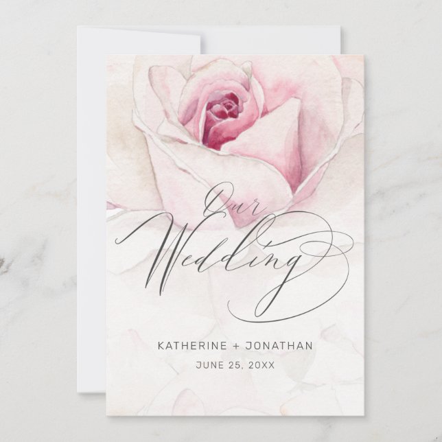 Modern Pink Rose Watercolor Floral Script Wedding  Invitation (Front)
