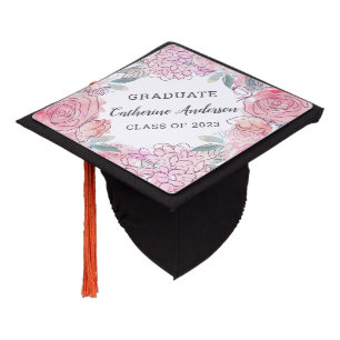 Modern Pink Rose Watercolor Floral Script White Graduation Cap Topper