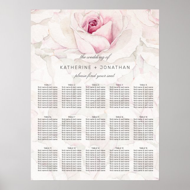 Modern Pink Rose Watercolor Floral Wedding Seating Poster (Front)