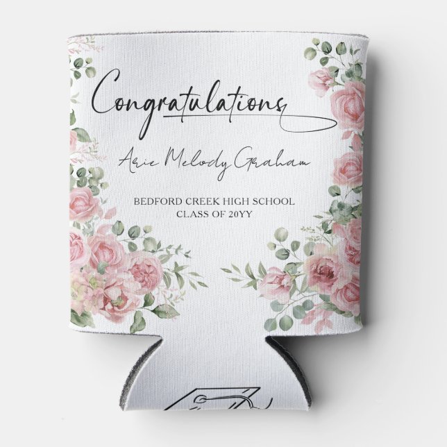 Modern Pink Roses Congratulations Graduation Can Cooler (Front)