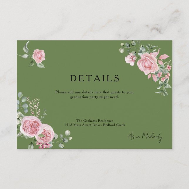 Modern Pink Roses Details Graduation Enclosure Card (Front)