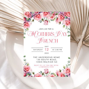 Modern Pink Roses Floral Mothers Day Brunch Invitation
