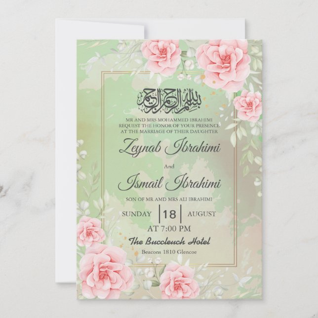 Modern Pink Roses, Gold Islamic Muslim Wedding Invitation (Front)
