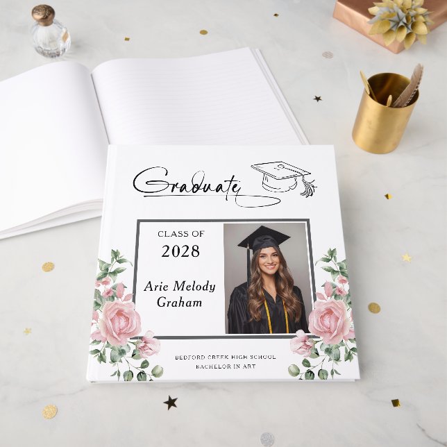 Modern Pink Roses Graduation 2 Photo Guest Book (Front Open)
