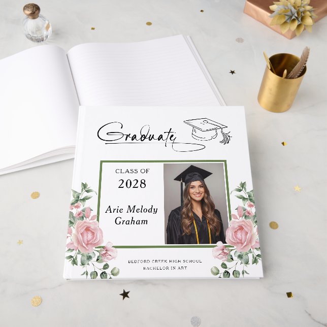 Modern Pink Roses Graduation 2 Photo Guest Book (Front Open)