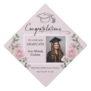 Modern Pink Roses Graduation Photo Cap Topper