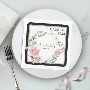 Modern Pink Roses Script Class of Graduation Napkin