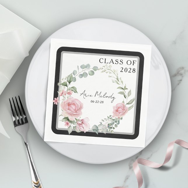 Modern Pink Roses Script Class of Graduation Napkin (Creator Uploaded)