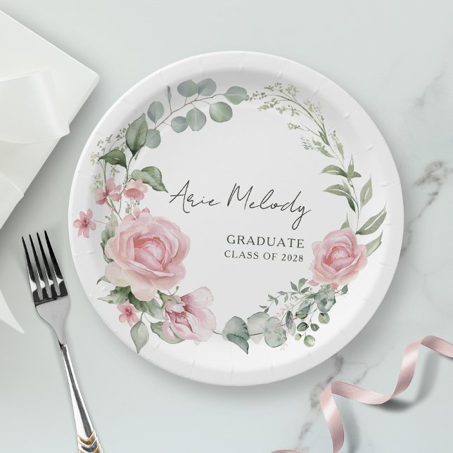 Modern Pink Roses Script Class of Graduation Paper Plate (Creator Uploaded)