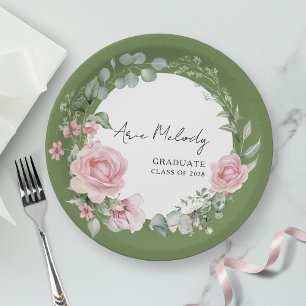 Modern Pink Roses Script Class of Graduation Paper Plate