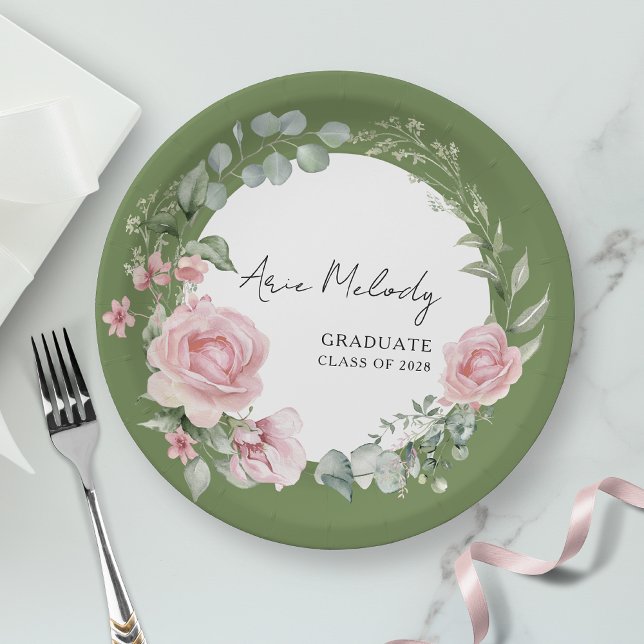 Modern Pink Roses Script Class of Graduation Paper Plate (Creator Uploaded)