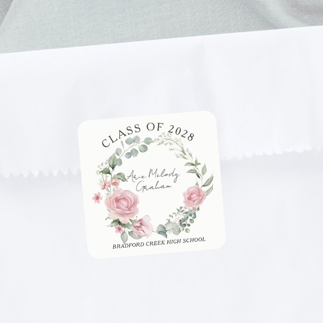 Modern Pink Roses Script Class of Graduation Square Sticker (Creator Uploaded)