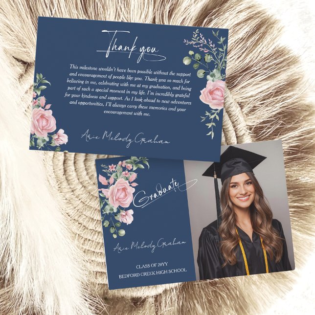 Modern Pink Roses Script Graduation Photo Thank You Card (Creator Uploaded)