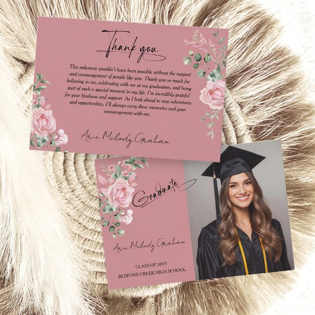 Modern Pink Roses Script Graduation Photo Thank You Card (Creator Uploaded)
