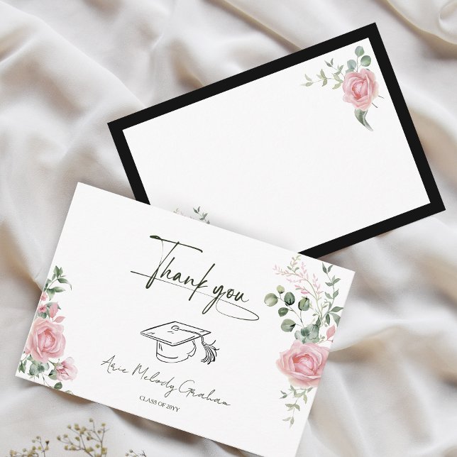 Modern Pink Roses Script Graduation Thank You Card (Creator Uploaded)