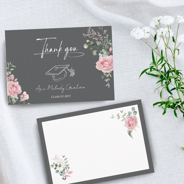 Modern Pink Roses Script Graduation Thank You Card (Creator Uploaded)