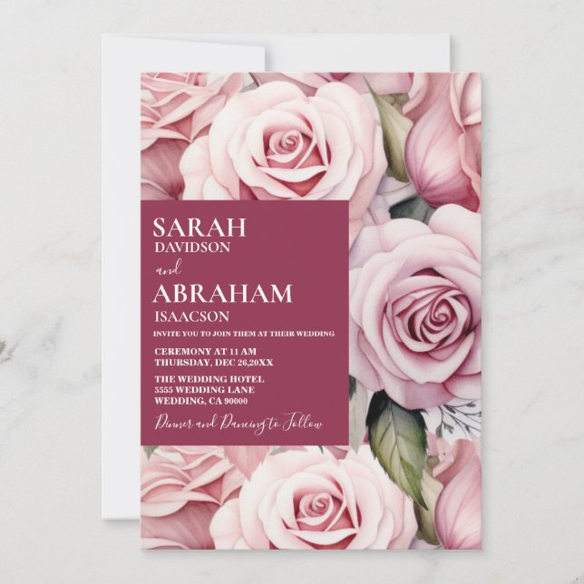 Modern Pink Roses Wedding Invitation (Front)