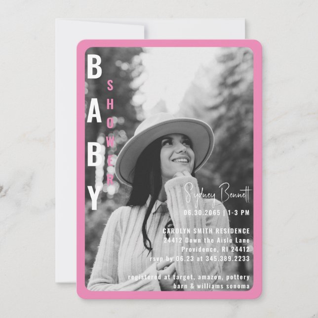 Modern Pink Rounded B/W Photo Baby Shower  Invitation (Front)