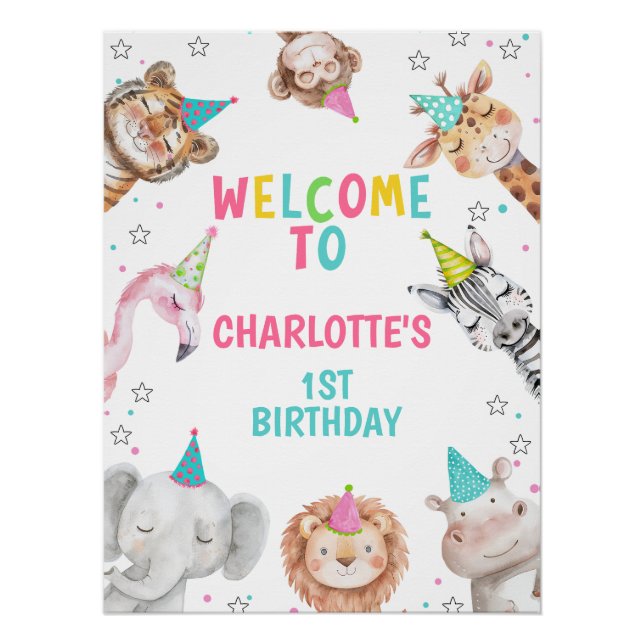 Modern Pink Safari Party Animals Birthday Welcome  Poster (Front)