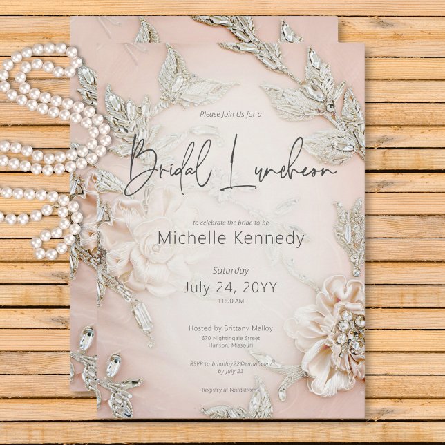 Modern Pink Satin Embroidery Glam Bridal Luncheon Invitation (Modern Pink Satin Embroidery Glam Bridal Luncheon Invitation)