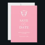 Modern Pink Save The Date<br><div class="desc">Announce your engagement with these minimal wedding save the date invitations. They feature a mix of classic and script typography in white over a trendy pink background with a monogram crest at the top. Use the template fields to personalize with your name and wedding date. Even customize the colours to...</div>