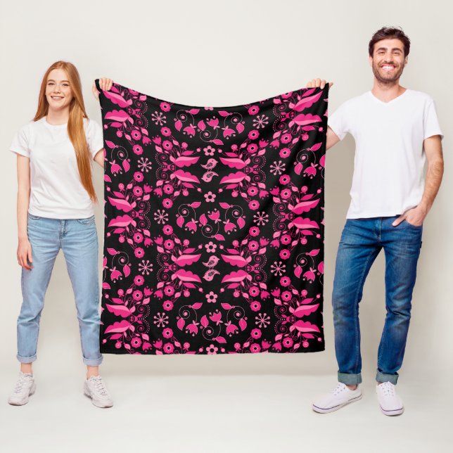 Modern Pink Scandinavian Floral Pattern Fleece Blanket (In Situ)