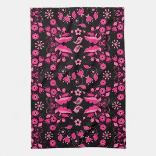 Modern Pink Scandinavian Floral Pattern Kitchen Towel