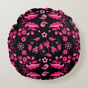 Modern Pink Scandinavian Floral Pattern Round Pillow