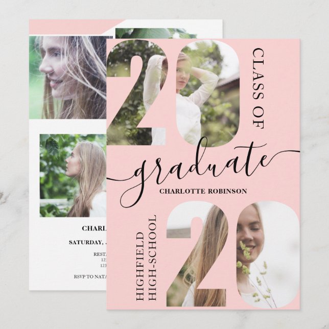 Modern pink script 5 photos 2020 graduation invitation (Front/Back)