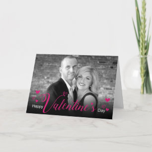 Modern Pink Script Chic Hearts Black White Photo Card