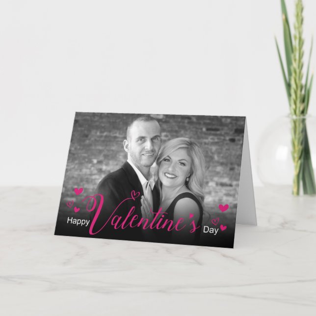 Modern Pink Script Chic Hearts Black White Photo Card (Front)
