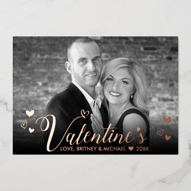 Modern Pink Script Chic Hearts Black White Photo Foil Holiday Card (Front)