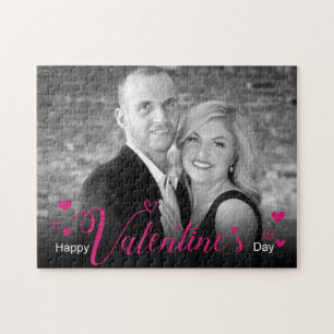 Modern Pink Script Chic Hearts Black White Photo Jigsaw Puzzle