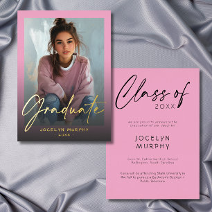 Modern Pink Script Graduation Photo Announcement