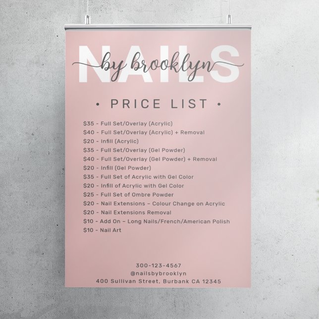Modern Pink Script Nail Salon Price List  Poster (Creator Uploaded)