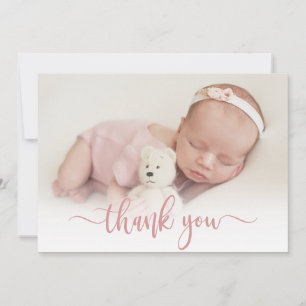 Modern Pink Script Newborn Baby Photo Thank You Card