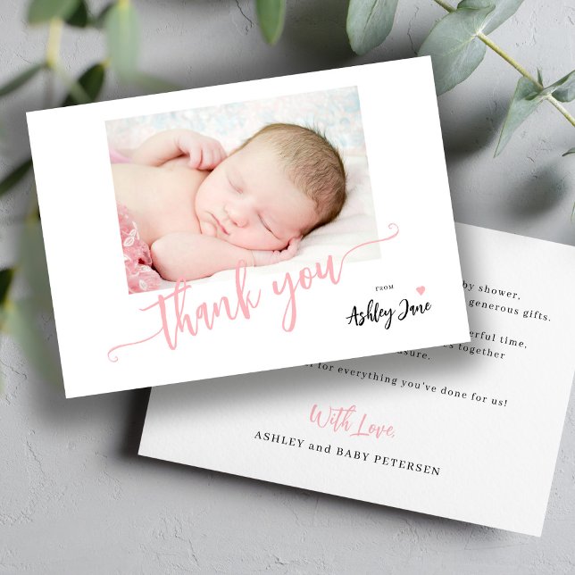 Modern pink script photo baby shower thank you card (Creator Uploaded)