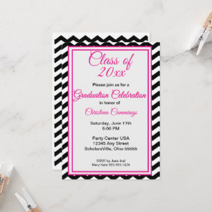 Modern Pink Script with Chevron Border Graduation Invitation