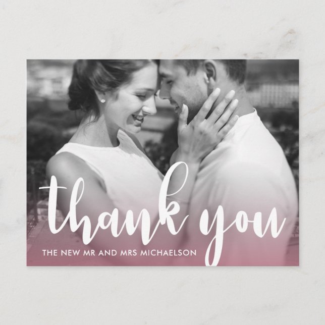 Modern Pink Simple Script Wedding Photo Thank You Postcard (Front)