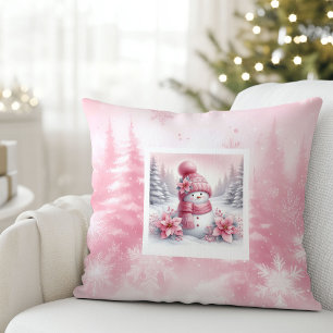 Modern Pink Snowman Christmas Scene Kids Gift  Throw Pillow