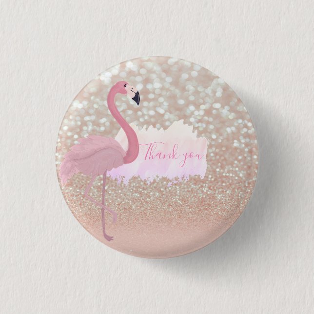 Modern Pink Sparkly Flamingo, Thank You  1 Inch Round Button (Front)