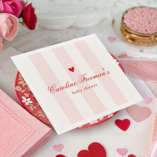 Modern Pink Stripe Heart Valentine Baby Shower Napkin