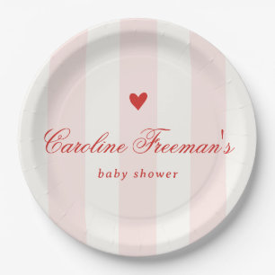 Modern Pink Stripe Heart Valentine Baby Shower Paper Plate