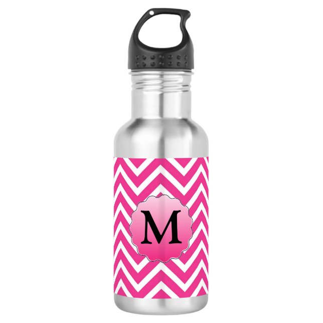Modern Pink Stripe Monogram Personalized  532 Ml Water Bottle (Front)
