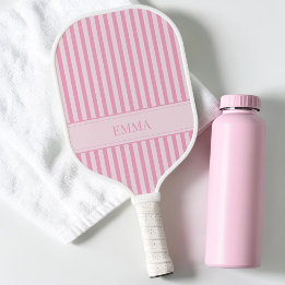 Modern Pink Striped Cute Preppy Personalized Name Pickleball Paddle