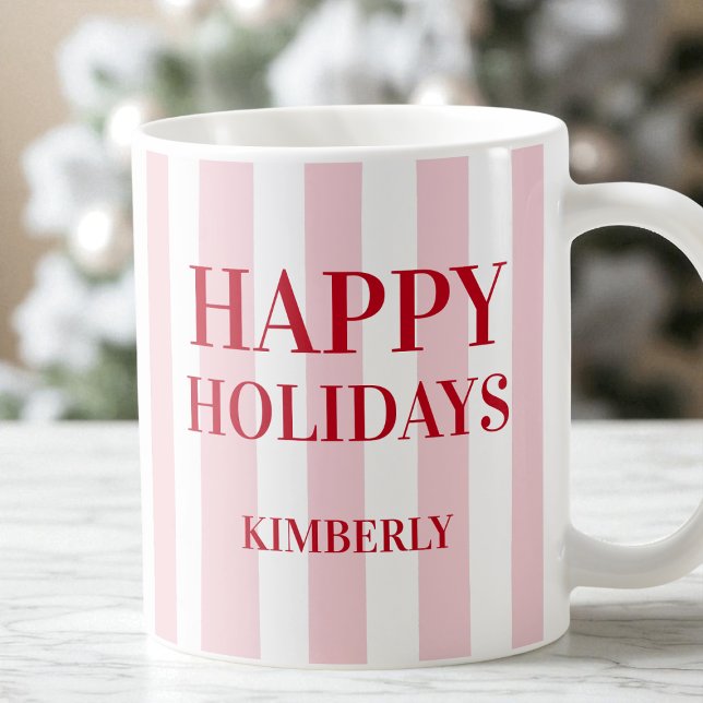 Modern Pink Striped Personalized Happy Holidays Coffee Mug (Modern Pink Striped Personalized Happy Holidays Coffee Mug)