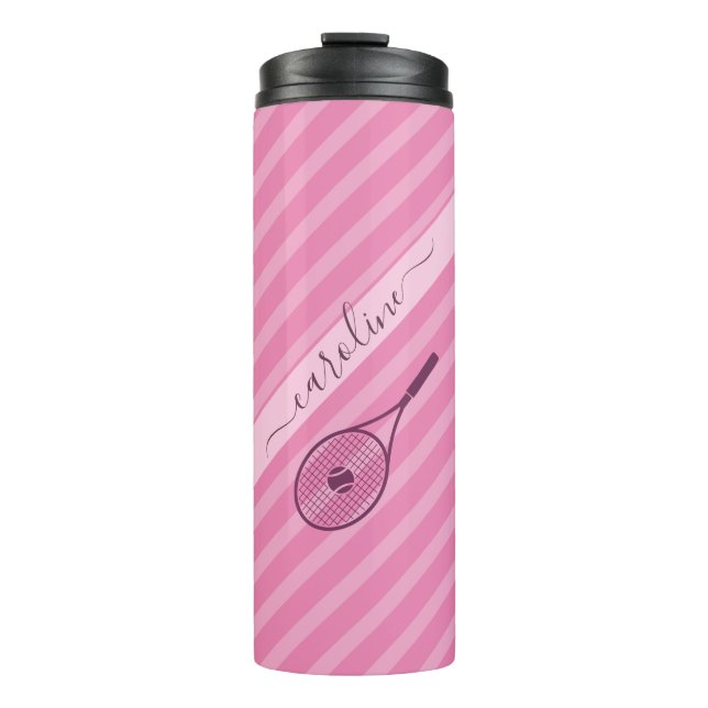 Modern Pink Striped Tennis Theme Calligraphy Name  Thermal Tumbler (Front)