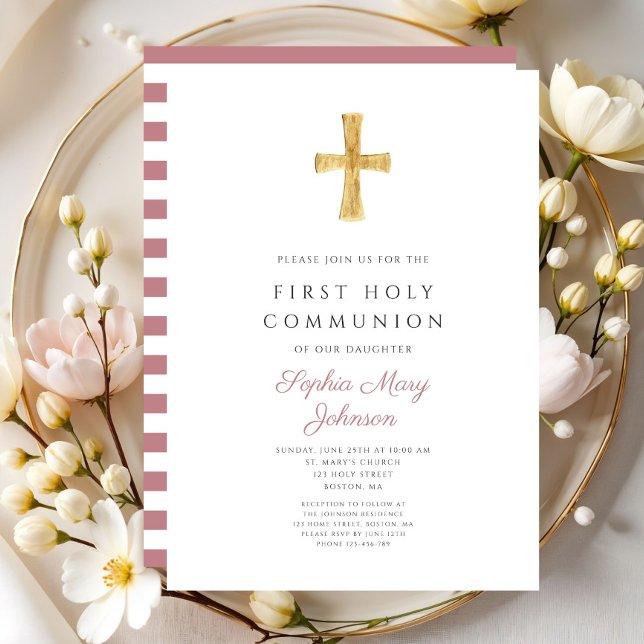 Modern Pink Stripes Cross Girl First Communion Invitation (Modern Pink Stripes Cross Girl First Communion Invitation )