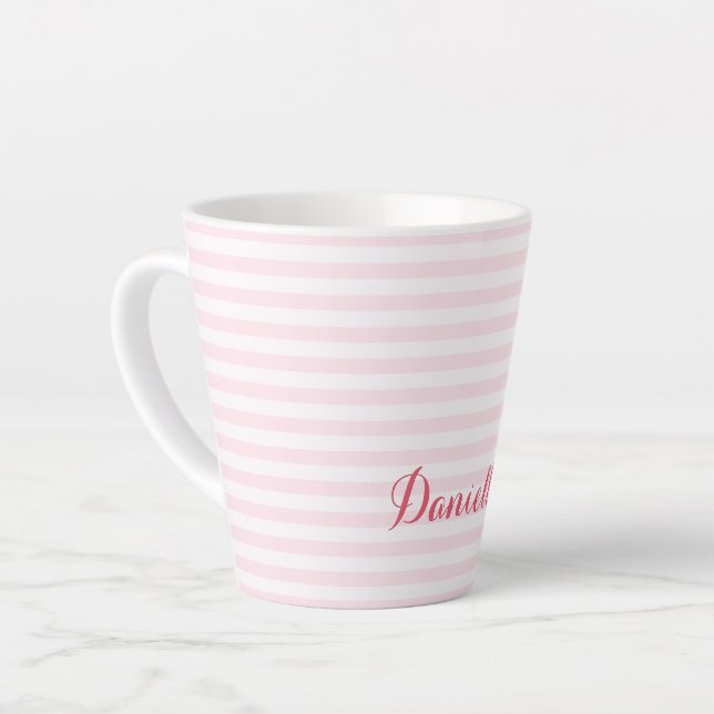 Modern Pink Stripes Elegant Custom Name Typography Latte Mug (Left Angle)